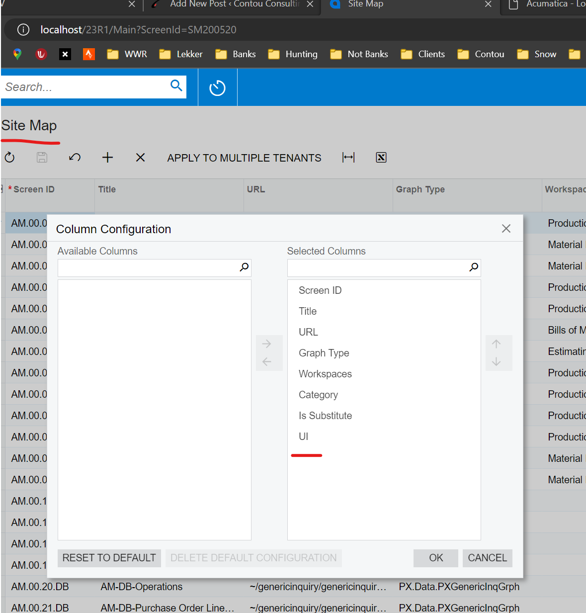 The colmns window allow you to select which columns are visible in the grid