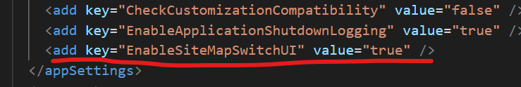 EnableSiteMapSwitchUI is added to the <Appsettings> tag